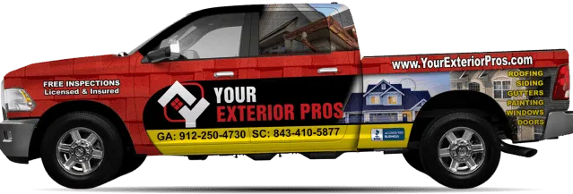 Red pickup truck with Your Exterior Pros business branding and contact info