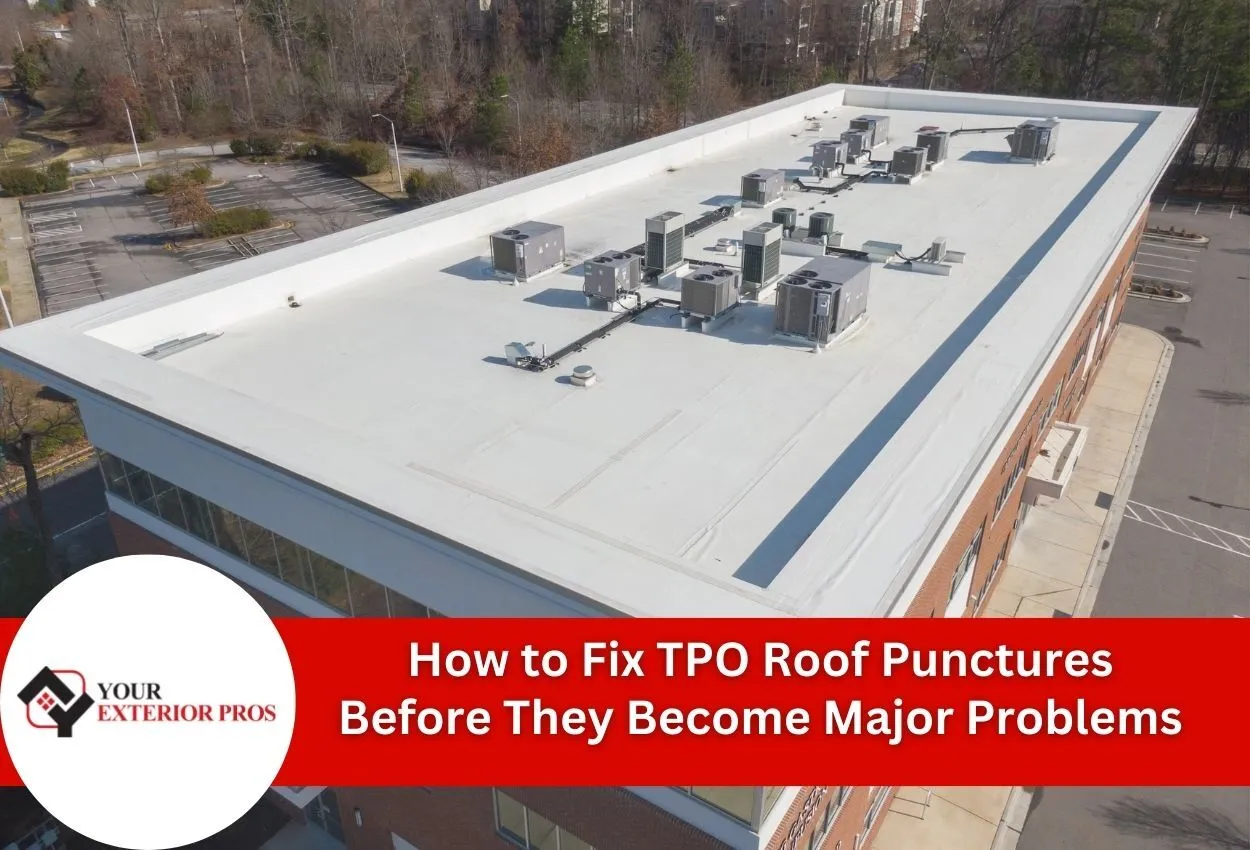 Aerial view of white TPO commercial roof with HVAC units and equipment installations