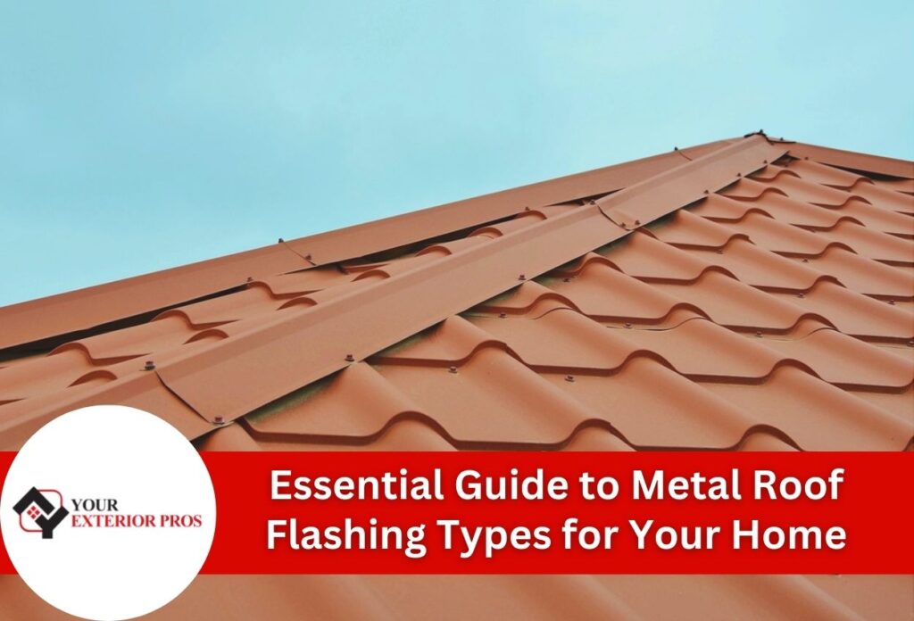 Red clay tile roof with metal flashing guide overlay for home roofing systems