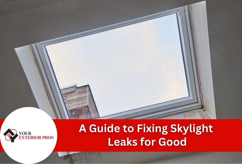 Interior view of leaking skylight window with water damage and staining on walls