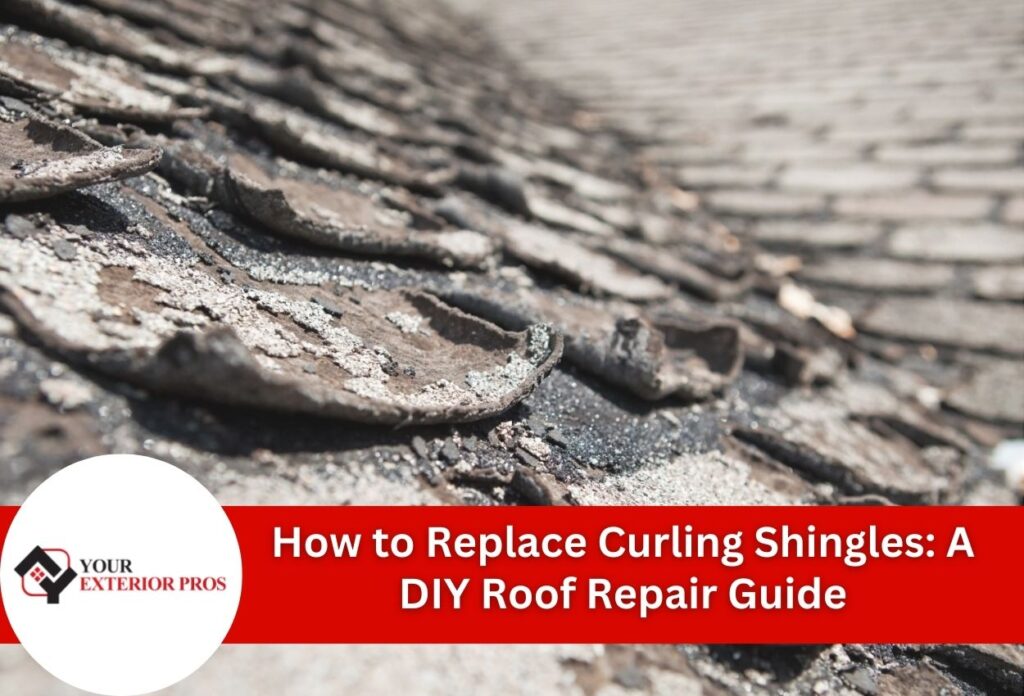 Damaged curling roof shingles showing wear and deterioration needing replacement